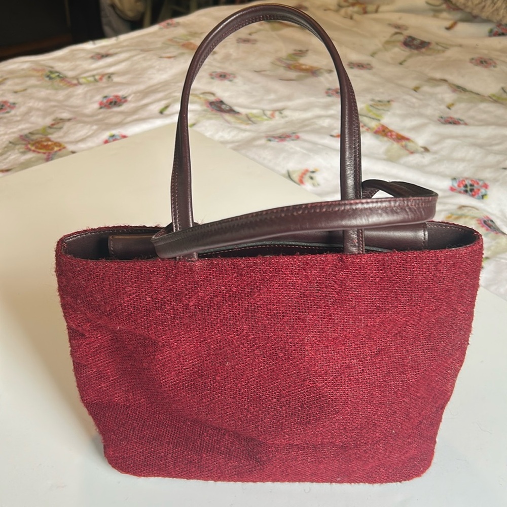 Vintage Kenneth Cole Maroon Red Wool with Dark Leather Trim Shoulder bag